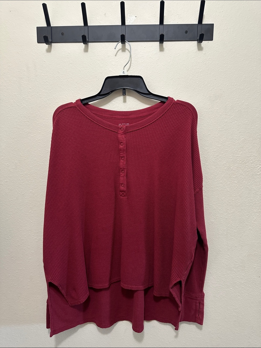 aerie Waffle-Knit Henley Long Sleeve Top - Burgundy